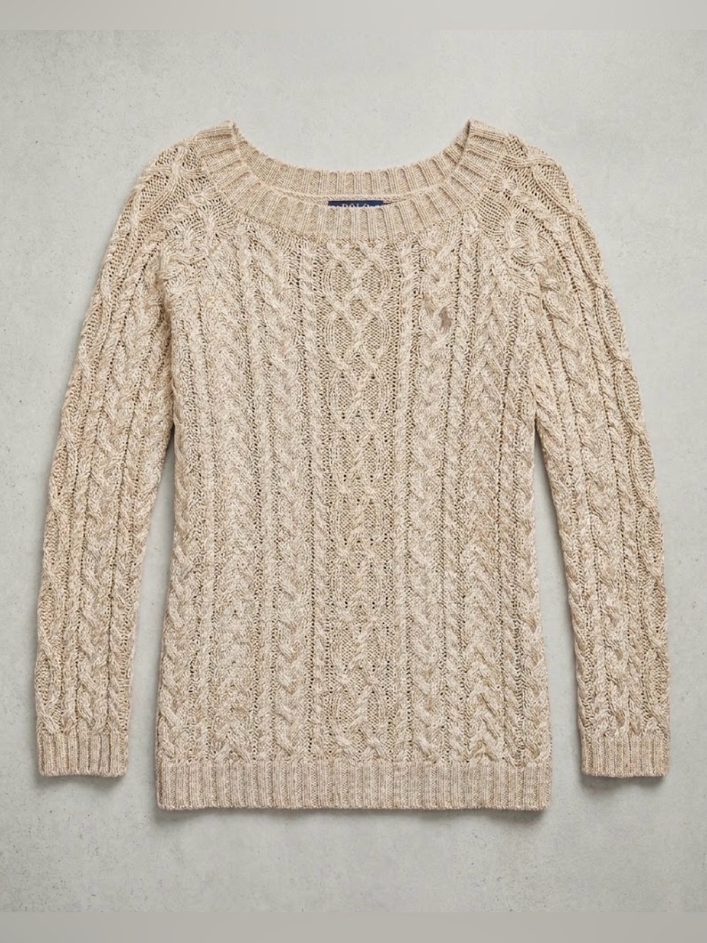 Ralph Lauren Linen Blend Cable Knit Boatneck Sweater Beige Size M Italian Yarn